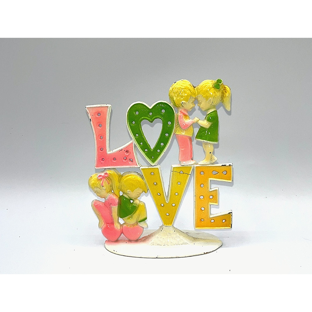 Vintage 70's Revere Painted Metal Earring Holder "Love" w/ Little Boy & Girl
